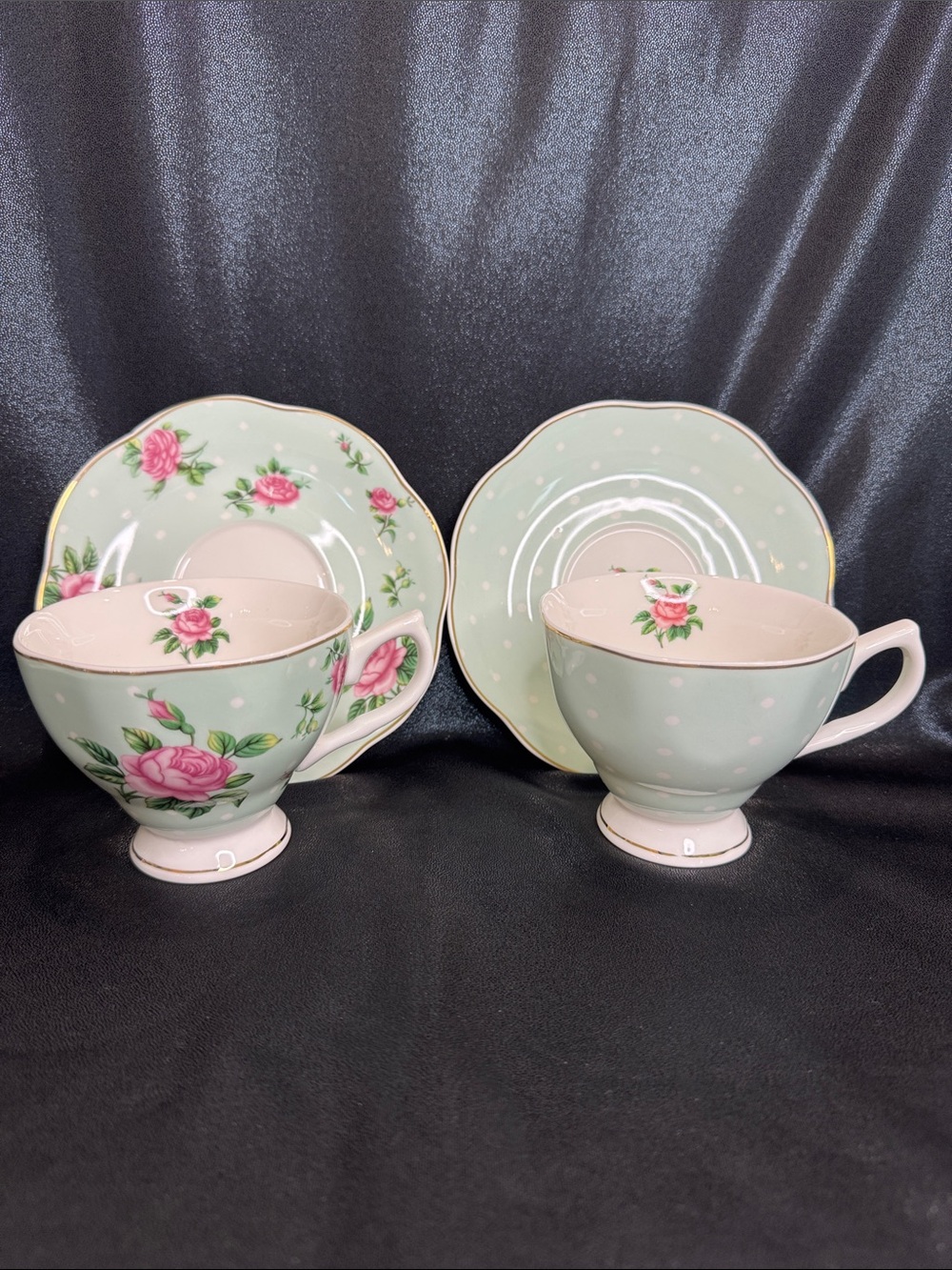 BTaT Floral Teacups and Saucers Set of (2), 8 oz. Fine Porcelain w/Gold Trim